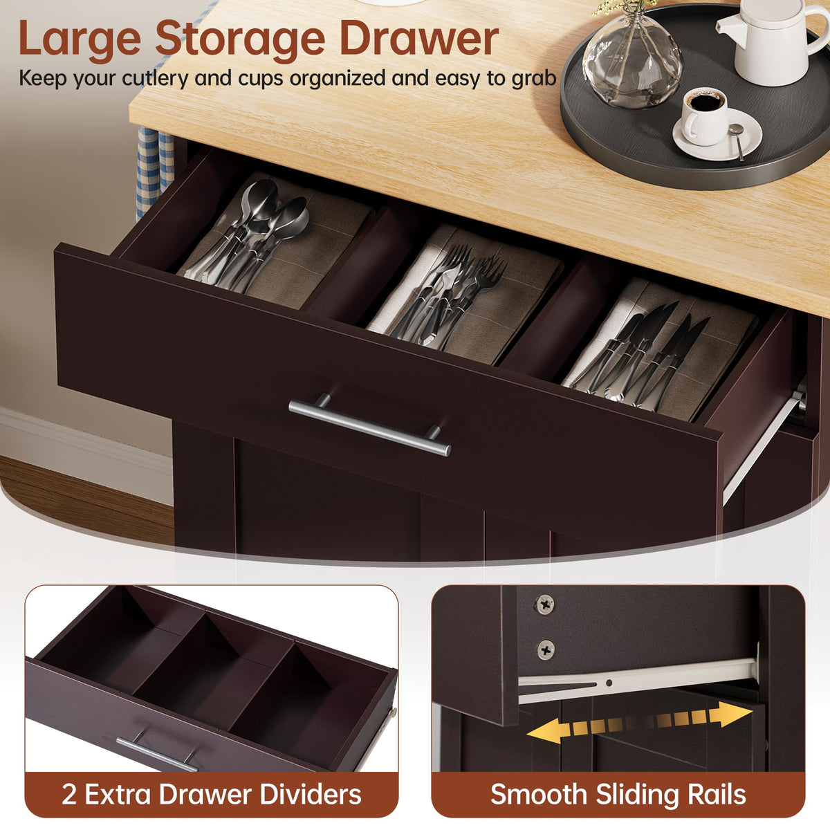 OtterOasis Mobile Kitchen Island on Wheels, Large Drawer, Black