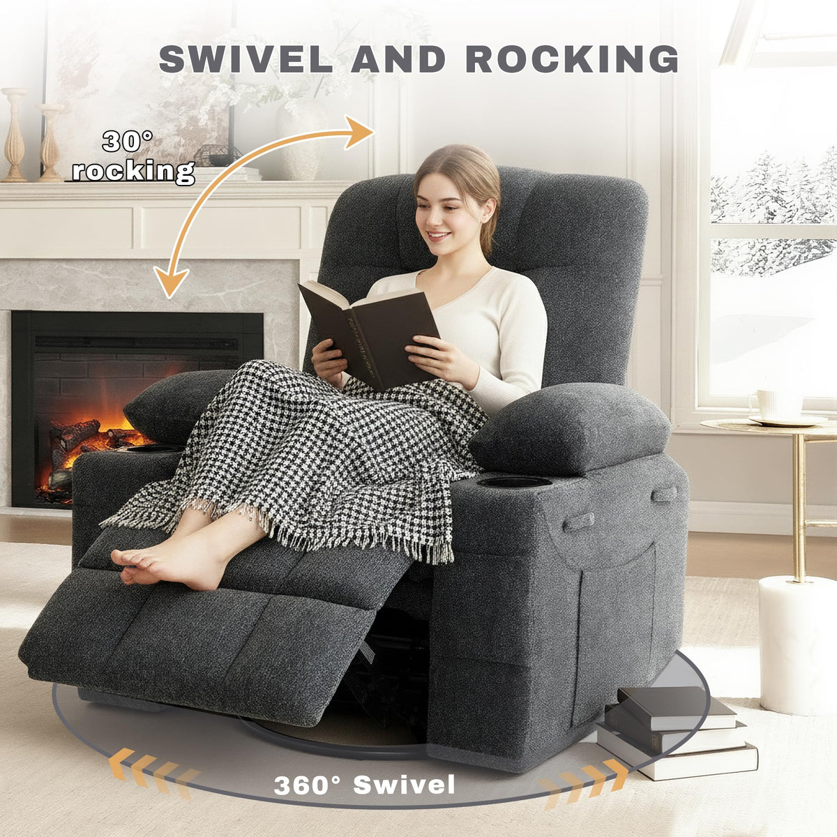 Swivel Rocker Recliner Chair,Recliner Single Sofa with Cup Holders, Manual Nursery Rocking Chair with Side Pockets, Modern Upholstered Recliner for Living Room,Apartment,Home Theater(Black)