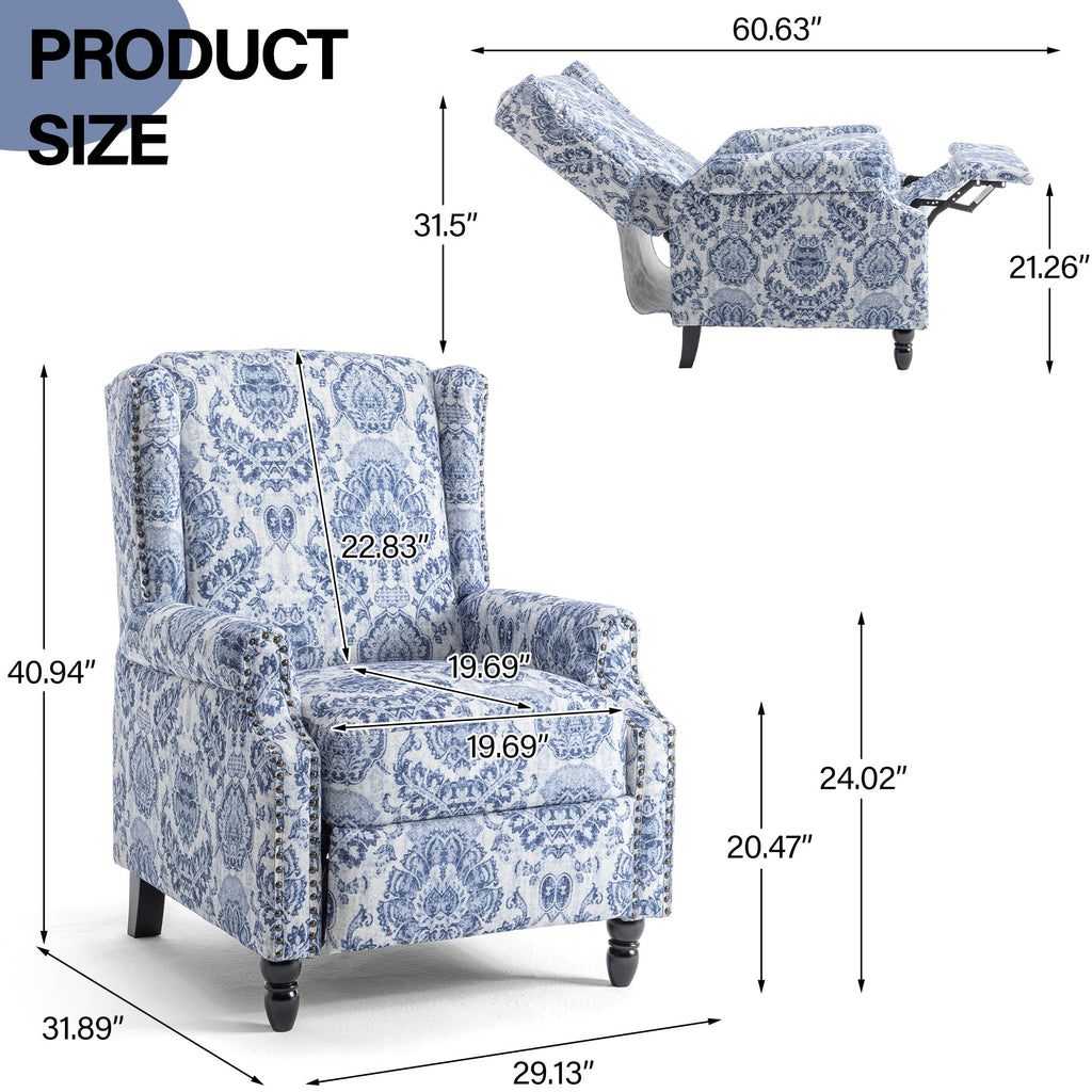 Wingback Floral Pushback Recliner Chair, Plants Beige, Set of 2