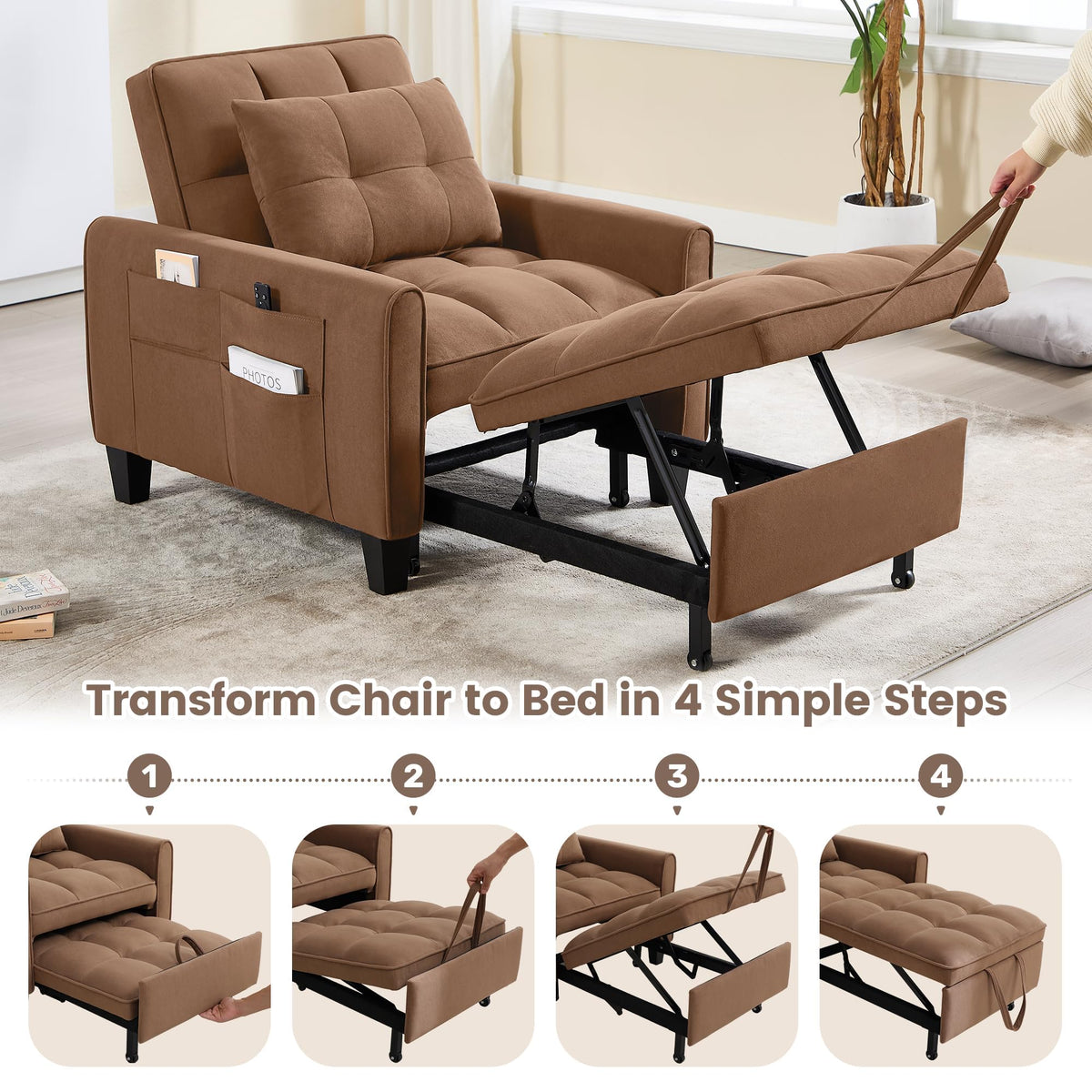 Convertible Sleeper Chair, 3 in 1 Sleeper Chair Bed Pull Out Sofa Bed Chairs, Single Sofa with Adjustable Backrest for Adults Reading Living Room, Bedroom, Black