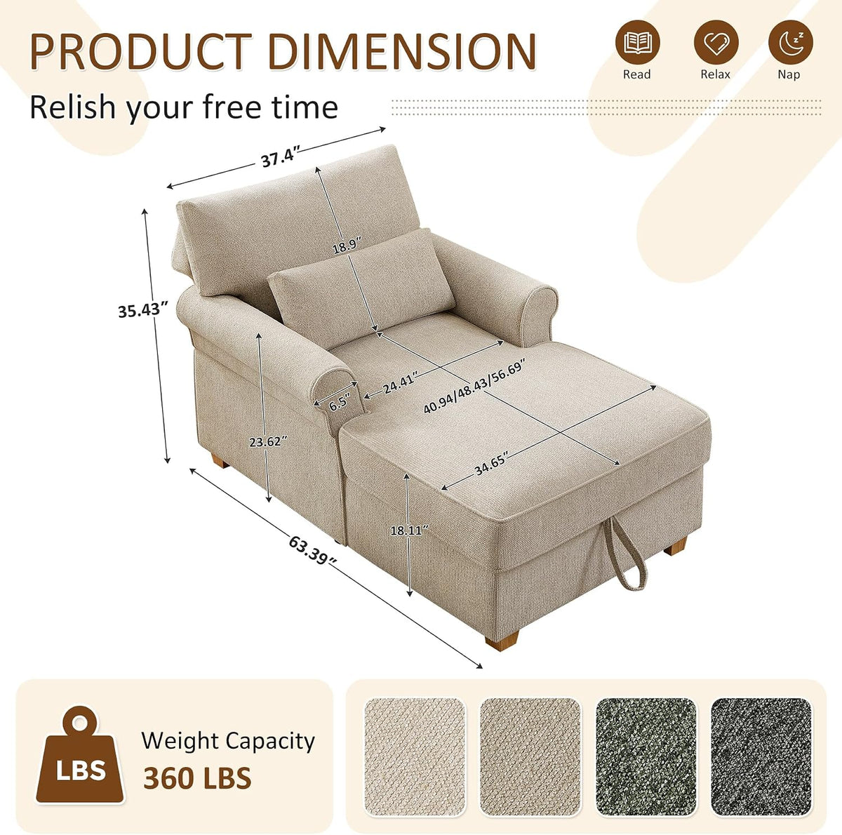 63.39" Oversized Chaise Lounge Chair with Storage, Chenille Beige