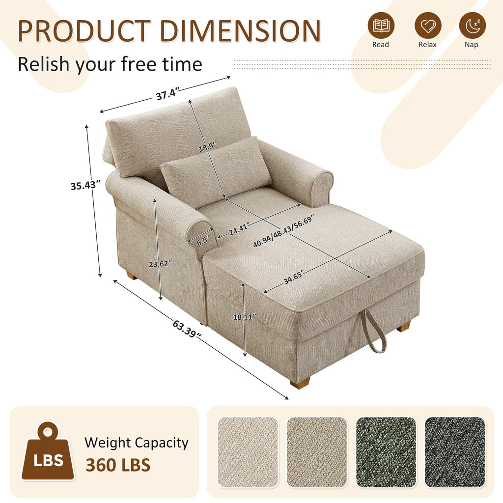 63.39" Oversized Chaise Lounge Chair with Storage, Chenille Beige