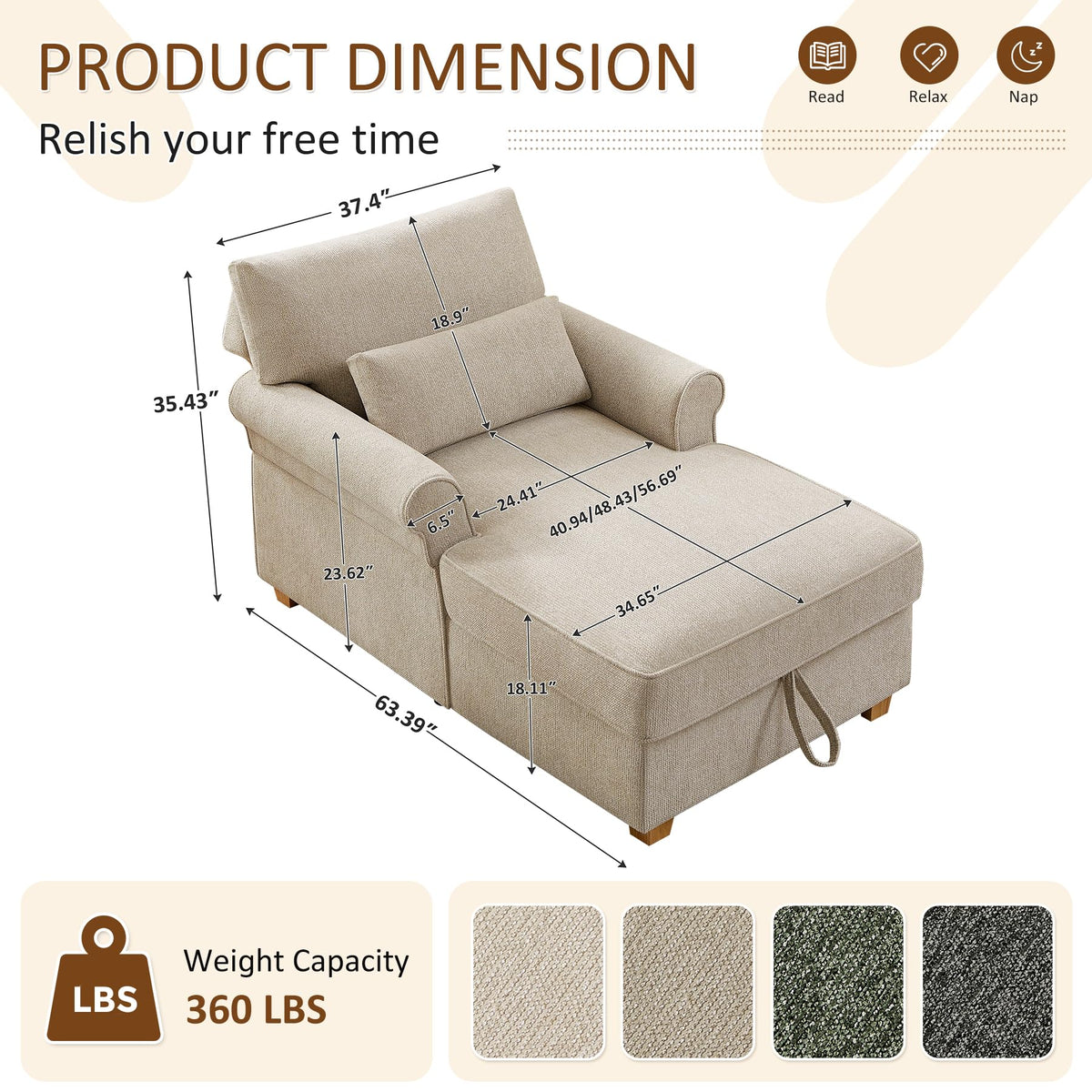 63.39" Oversized Chaise Lounge Chair with Storage, Chenille Beige