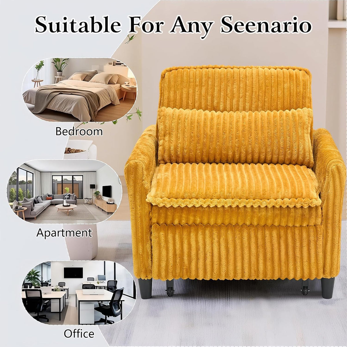 32" Convertible Sofa Chair Bed, 3âinâ1 Pullâout Sleeper Chair with Corduroy Fabric, Adjustable Backrest & Side Storage Pockets, SpaceâSaving Design for Living Room, Apartment, Bedroom (Yellow)