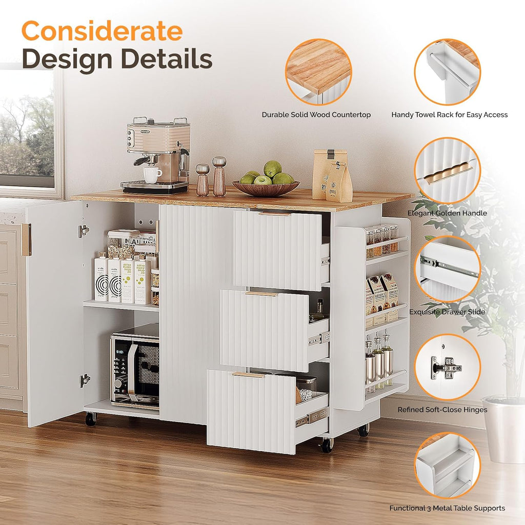 VINGLI Fluted Kitchen Island Cart with Drop-Leaf, 3 Drawers, White