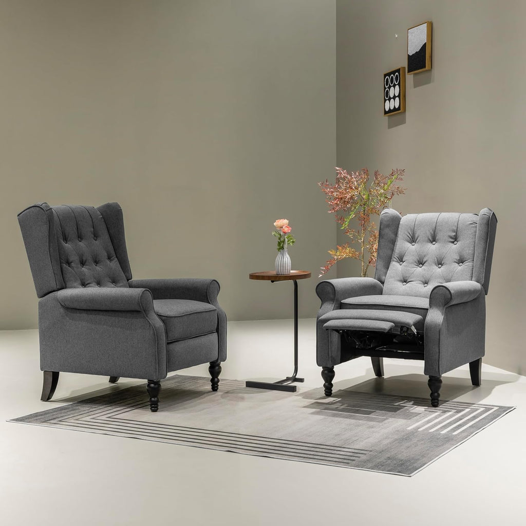 Mid Century Wingback Recliner Chair for Adults, Modern Linen Fabric Push Back Recliner Chairs with Button Tufted Upholstered Back & Footrest, Manual Recliner Chais for Living Room, Nursery, Gray