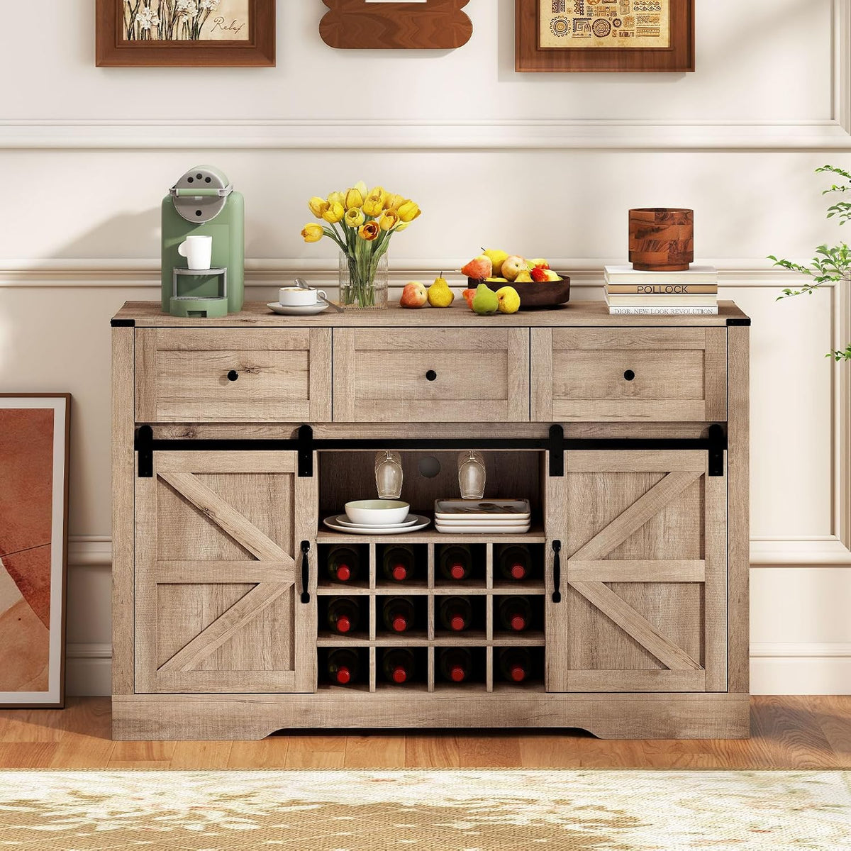 GIANTEX Wine Bar Cabinet with LED Lights, 52" Buffet Sideboard w/Sliding Barn Door, 3 Drawer, Adjustable Shelf, 12 Bottle Wine Rack & Glass Holder, Farmhouse Coffee Station for Living Room