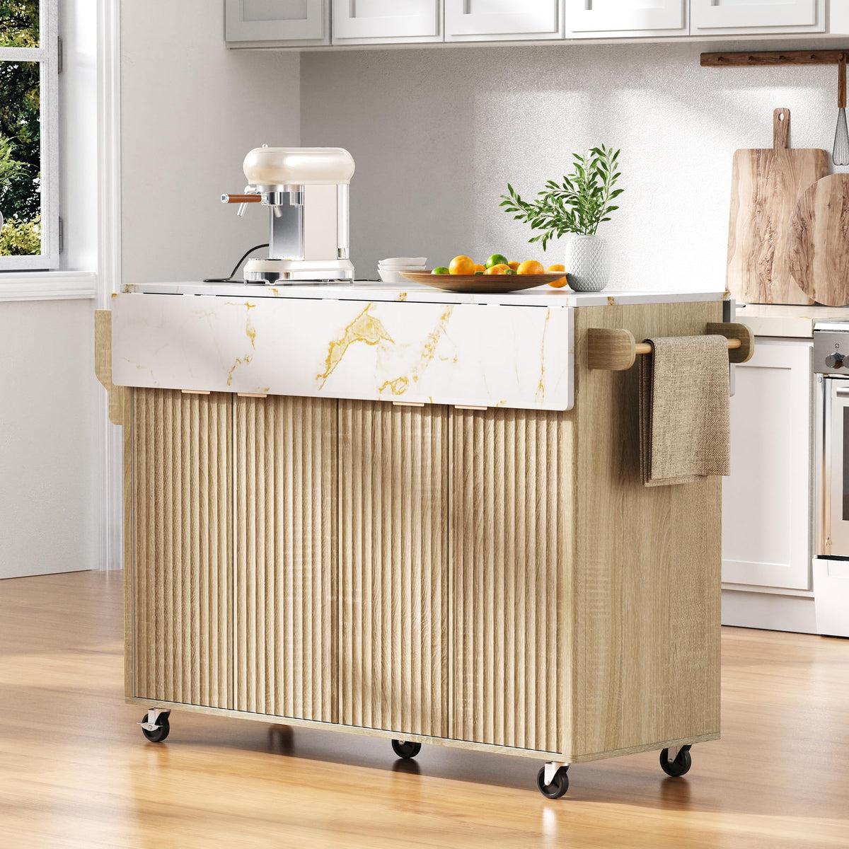 Large Fluted Kitchen Island Cart on Wheels with Storage, Natural