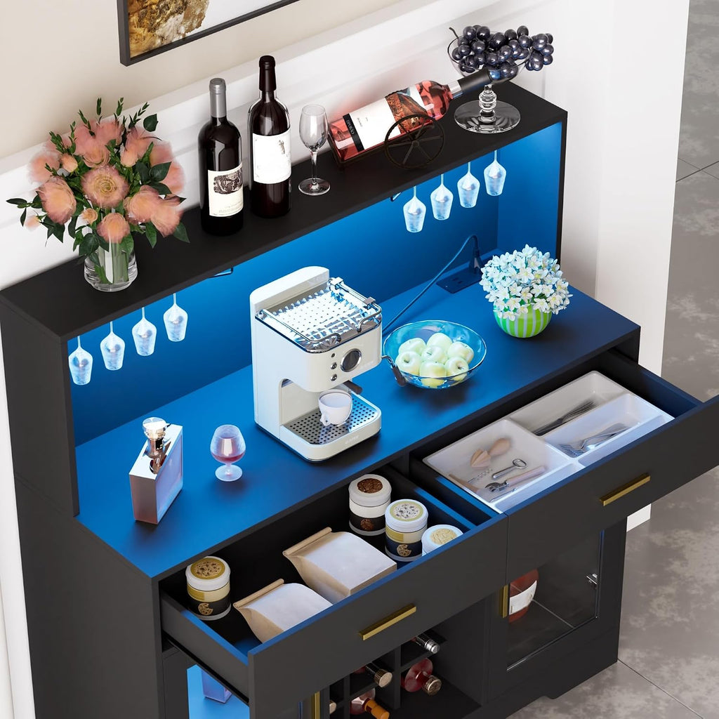 Wine Bar Cabinet with LED Lights, Liquor Cabinet for Home, Coffee Bar Cabinet with Wine Rack and Glass Holder, Black Home Bar Cabinets, Kitchen Buffet Sideboard for Living Room, Dining Room