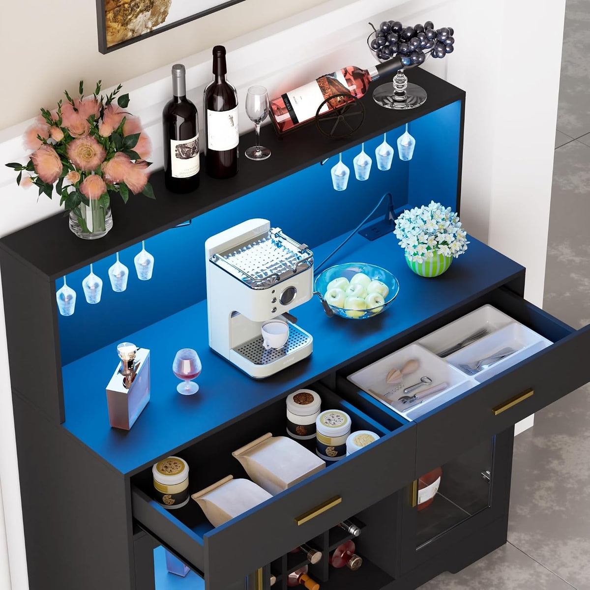 Wine Bar Cabinet with LED Lights, Liquor Cabinet for Home, Coffee Bar Cabinet with Wine Rack and Glass Holder, Black Home Bar Cabinets, Kitchen Buffet Sideboard for Living Room, Dining Room