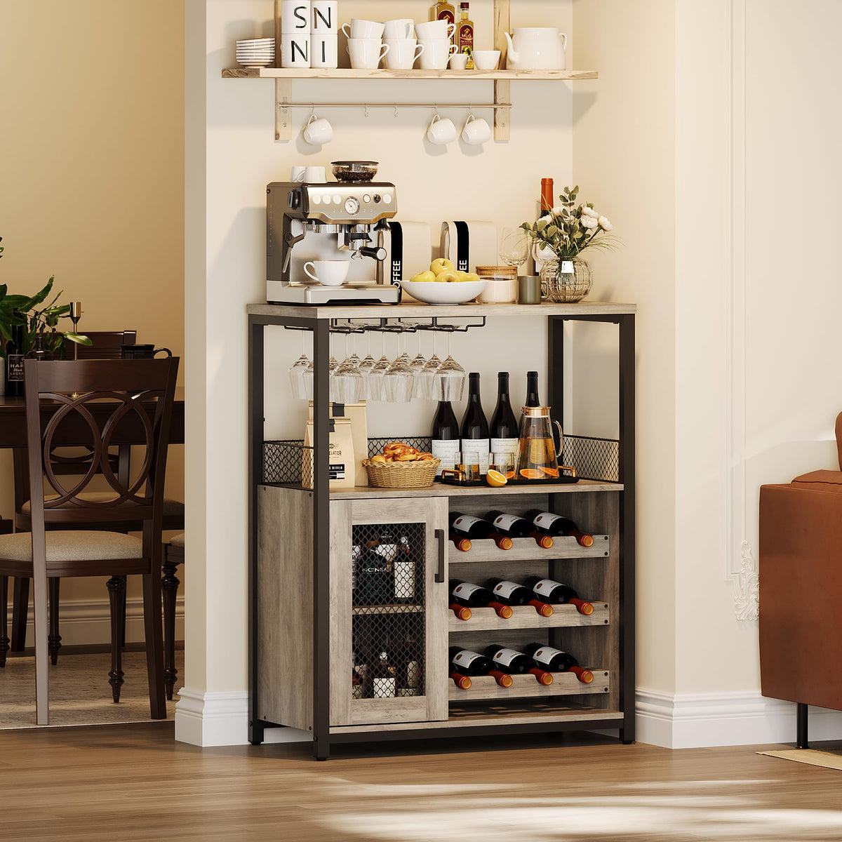 3-Tier Wine Bar Cabinet with Removable Wine Rack, Liquor Storage Cabinet with Glass Holder & Mesh Door, Coffee Bar Sideboard Buffet for Living Room or Dining Room, Gray
