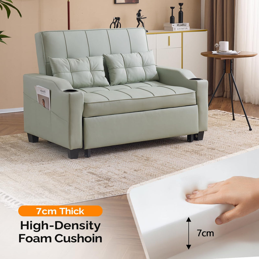 VINGLI Light Grey Futon Sofa Bed Convertible Loveseat Sleeper Couch, Faux Leather Pullout Sofa Fold Out Couch Bed with USB Ports, Cup Holders, Armrest for Living Room, Bedroom Apartment Room