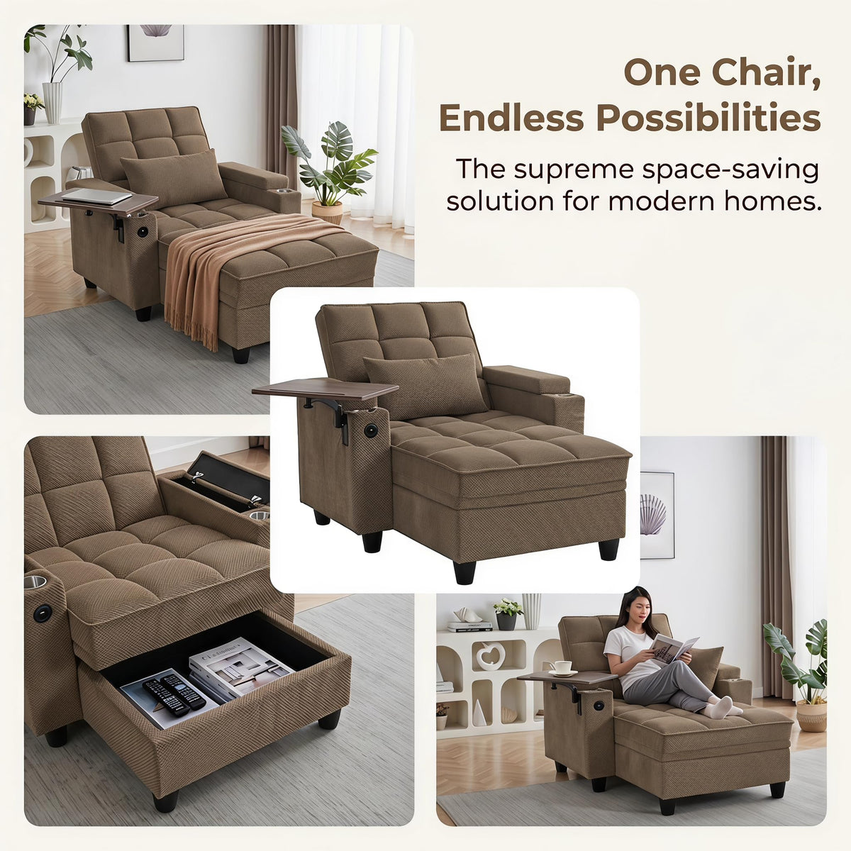 Convertible Sleeper Chair, Pull Out Sofa Bed with Adjustable Backrest & Hidden Storage Armrest, Single Sofa Recliner with USB Charging Port & Cup Holders for Living Room, Bedroom, Dark Gray