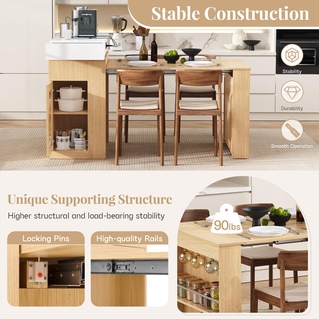 Extendable Dining Table with Folding Tabletop & Power Outlet, Modern Kitchen Island Sideboard with Wheels, Hidden Drawers & USB Charging, Sturdy Buffet Table for Small Spaces (Black)