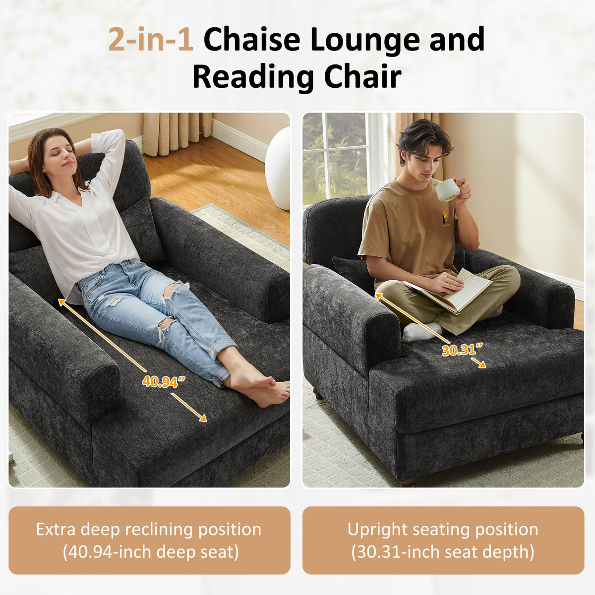 Oversized Chaise Lounge Chair with Adjustable Backrest, Polyester White