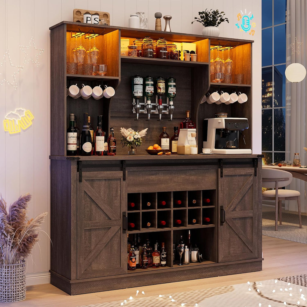 Farmhouse Coffee Bar Cabinet with LED Light, Charging Station, Brown