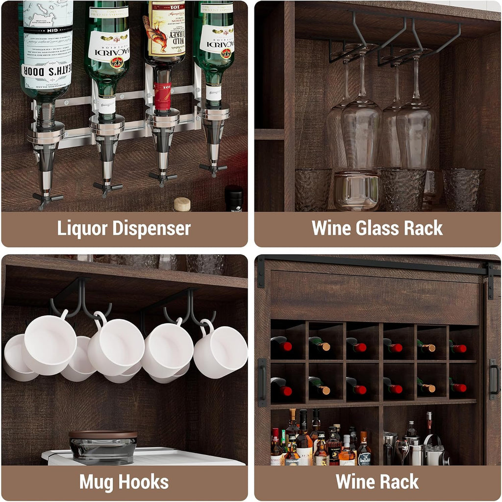 Farmhouse Coffee Bar Cabinet with LED Light, Charging Station, Brown