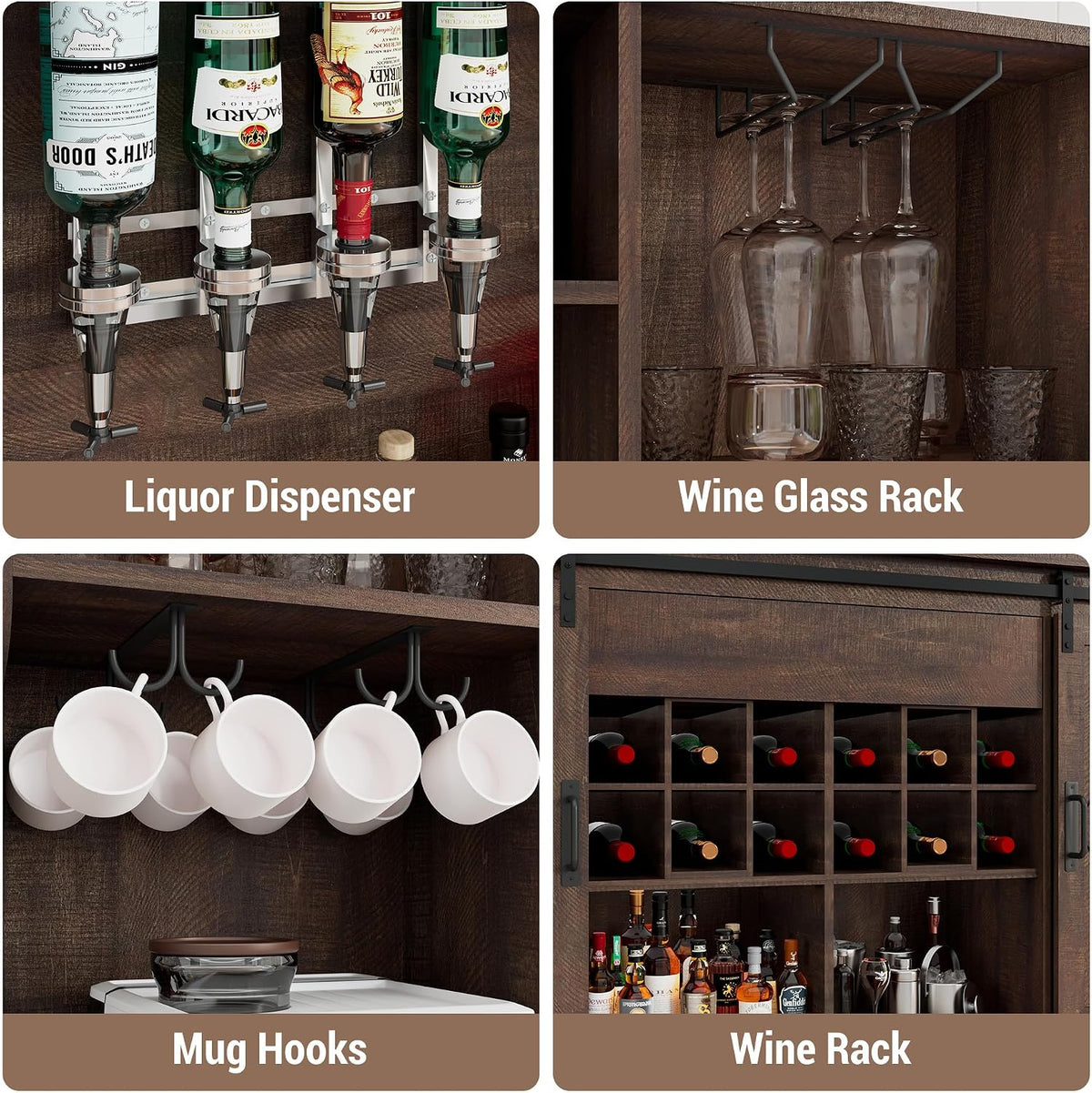 Farmhouse Coffee Bar Cabinet with LED Light, Charging Station, Brown