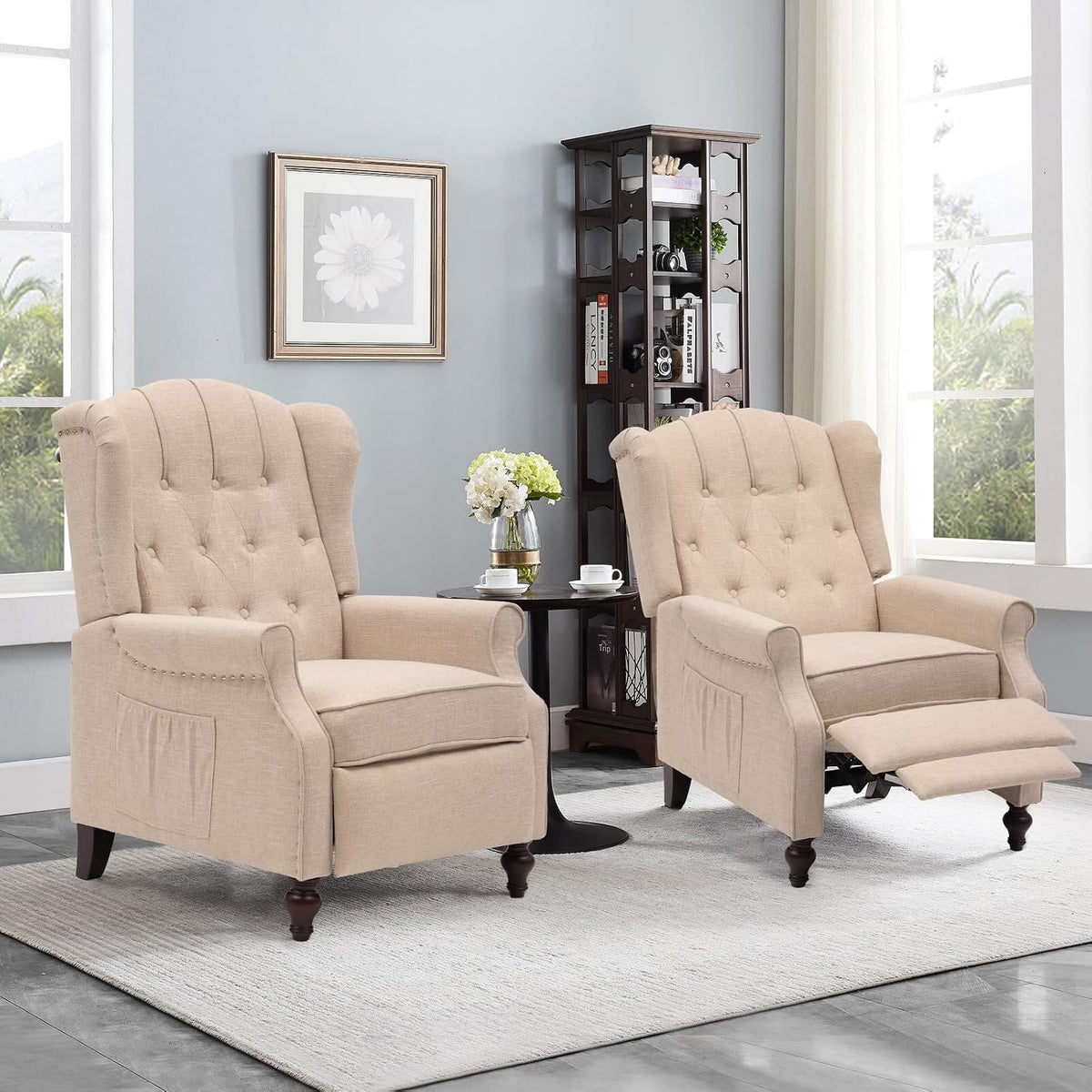 IPKIG Wingback Pushback Recliner Chair - Mid Century Recliner Armchair with Massage and Heat, Rivet Decoration, Button-Tufted Back, Solid Wood Legs for Living Room, Bedroom, Office(Beige)