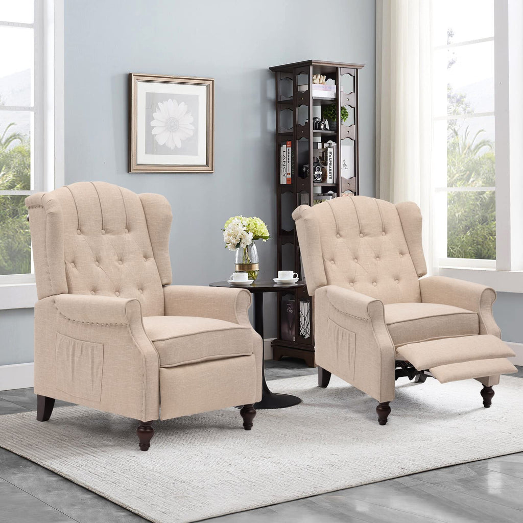 IPKIG Wingback Pushback Recliner Chair - Mid Century Recliner Armchair with Massage and Heat, Rivet Decoration, Button-Tufted Back, Solid Wood Legs for Living Room, Bedroom, Office(Beige)