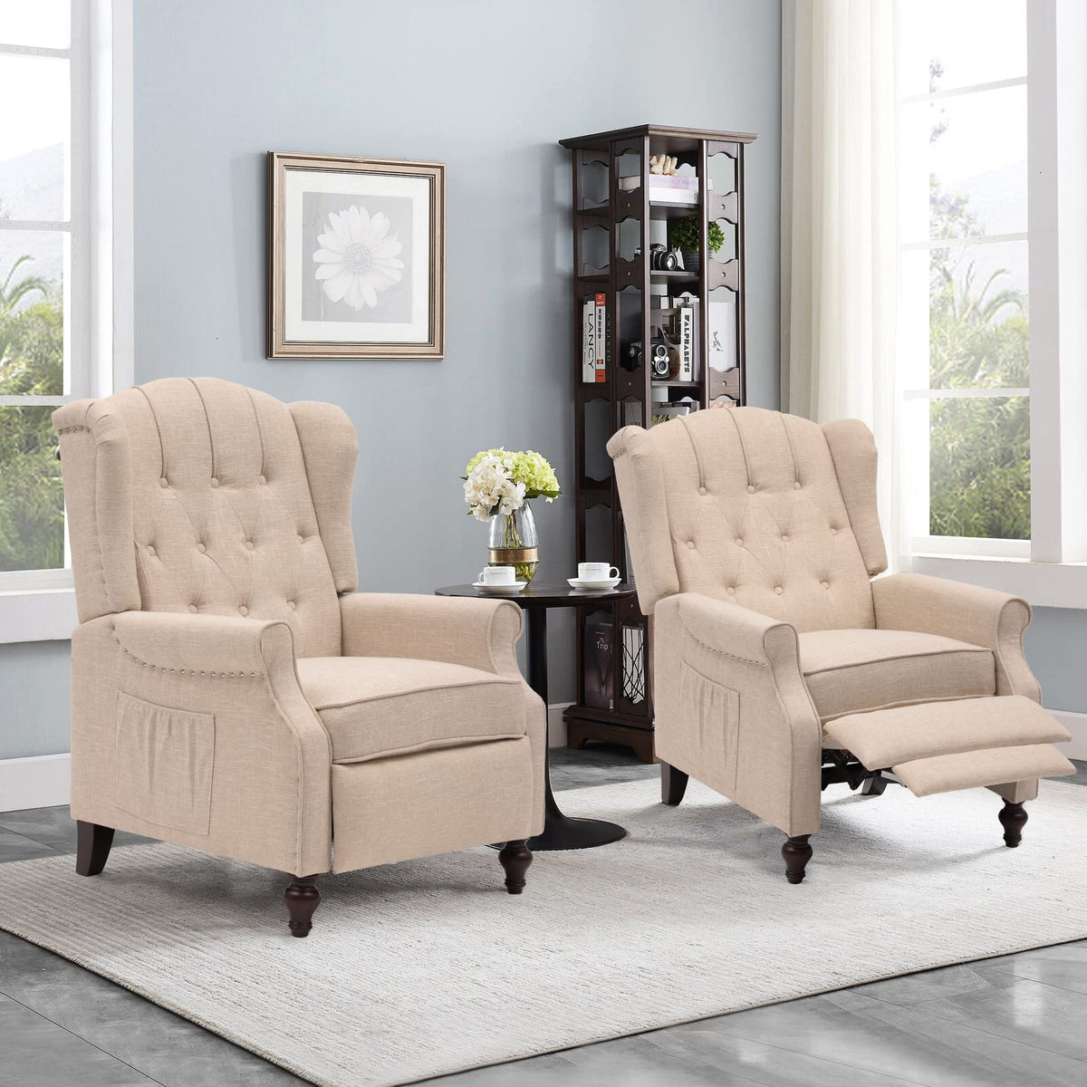 IPKIG Wingback Pushback Recliner Chair - Mid Century Recliner Armchair with Massage and Heat, Rivet Decoration, Button-Tufted Back, Solid Wood Legs for Living Room, Bedroom, Office(Beige)
