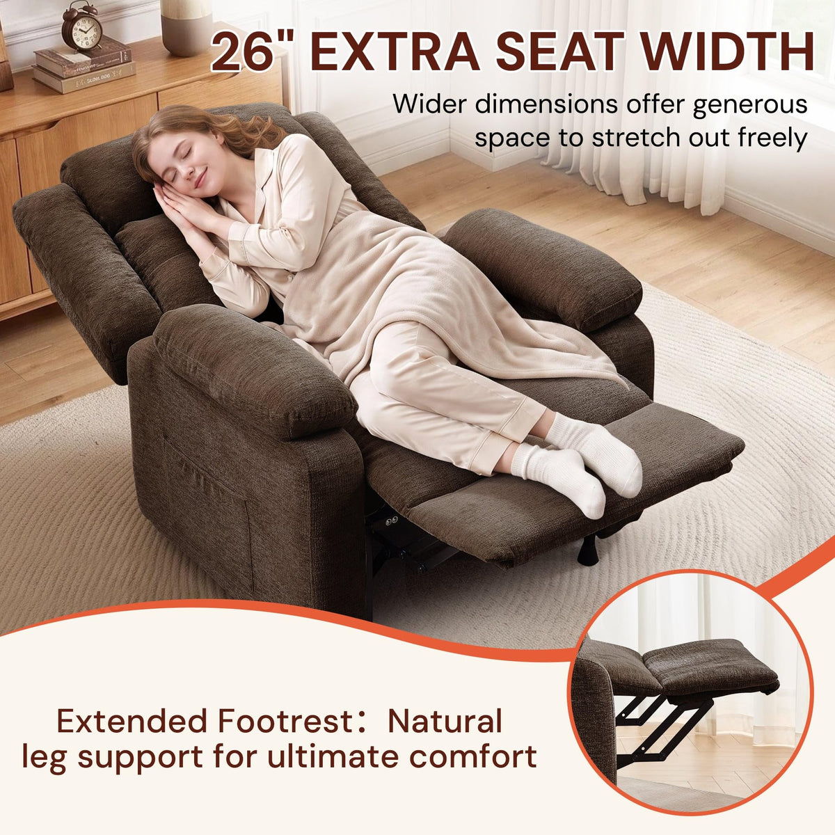 Korser Power Recliner Chair for Adults, Oversized Electric Recliner with Thickened Cushions, Reclining Chair for Bedroom, Living Room Chairs with Side Pockets, Chenille