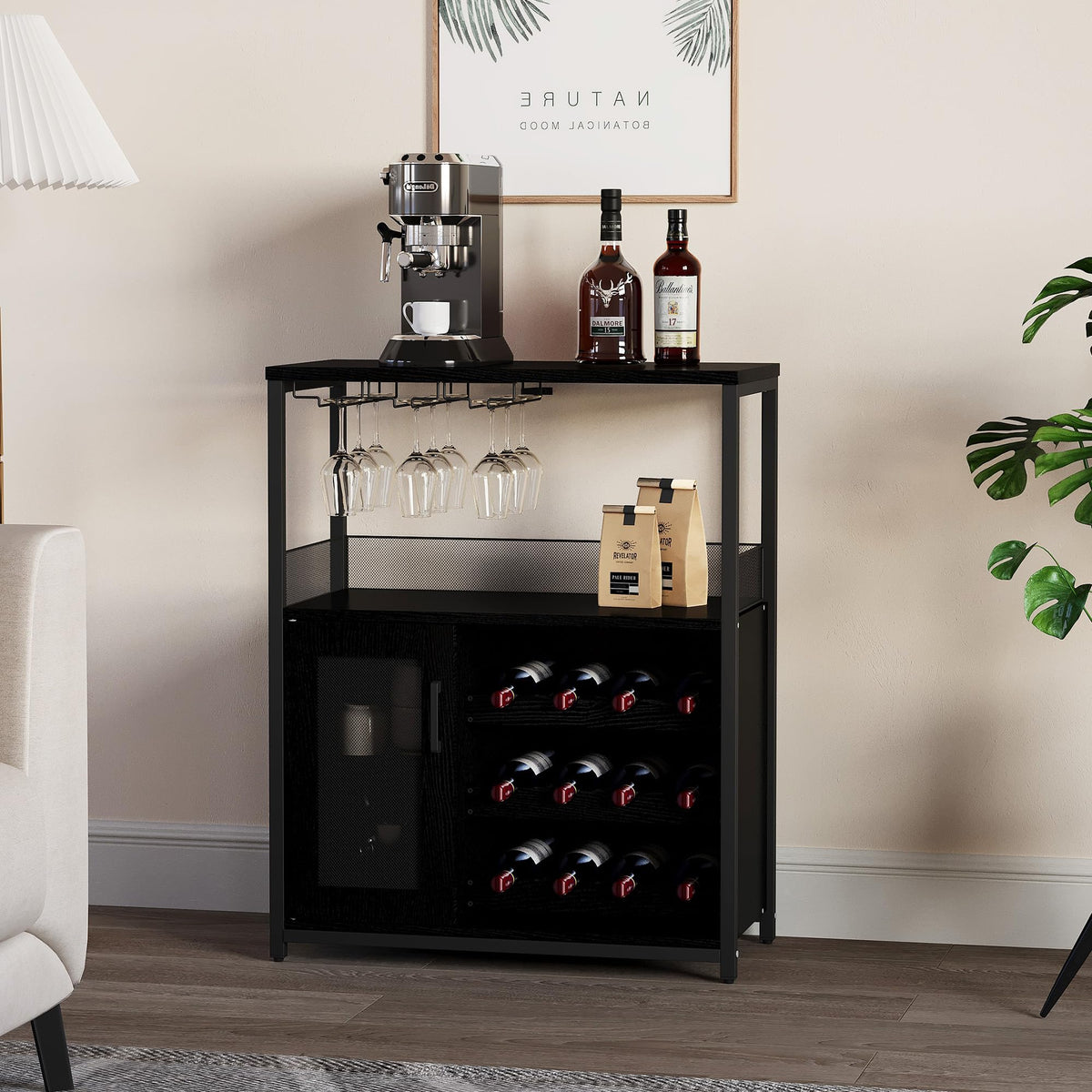 3-Tier Wine Bar Cabinet with Removable Wine Rack, Liquor Storage Cabinet with Glass Holder & Mesh Door, Coffee Bar Sideboard Buffet for Living Room or Dining Room, Gray