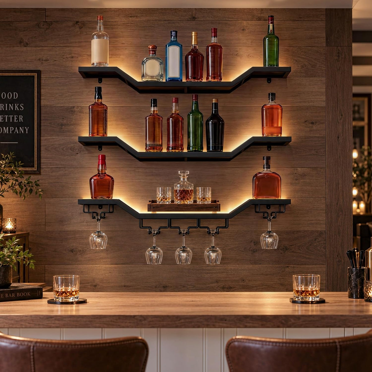 31.5" Wall Mounted Wine Rack with LED, 3-Tier Floating Bar Shelves