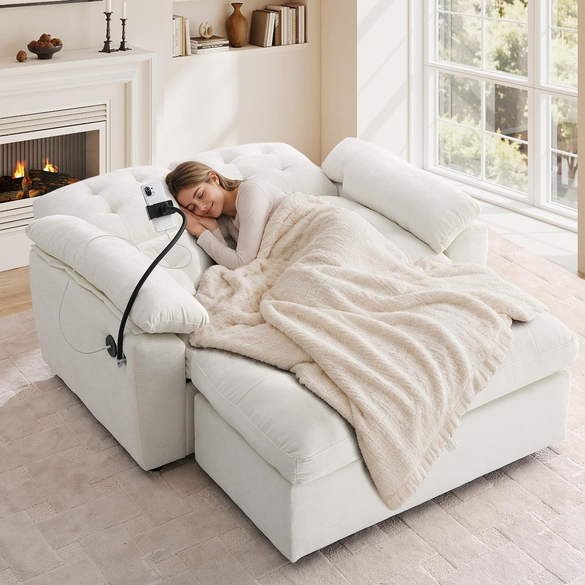 Oversized Chaise Lounge Chair Indoor, Single Convertible Recliner Reading Arm Sofa Chair W/Adjustable Backrest & Charging Port Couch Bed for Living Room, Home Theater & Bedroom, Brown