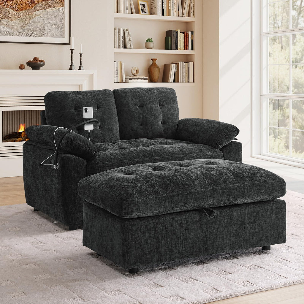 Oversized Chaise Lounge Chair Indoor, Single Convertible Recliner Reading Arm Sofa Chair W/Adjustable Backrest & Charging Port Couch Bed for Living Room, Home Theater & Bedroom, Brown
