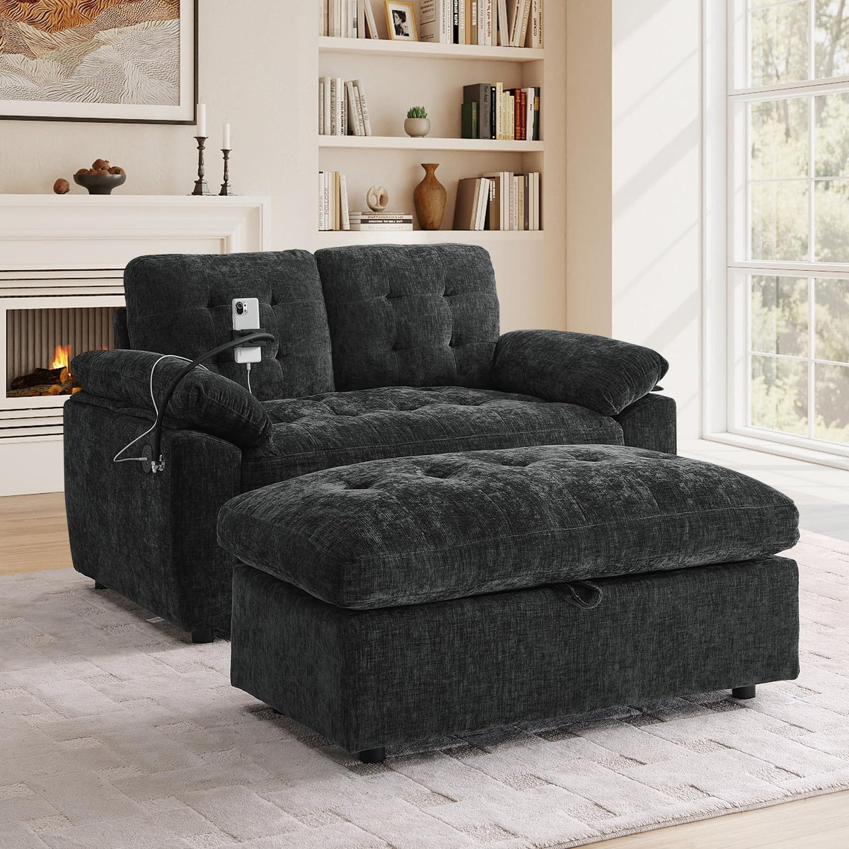 Oversized Chaise Lounge Chair Indoor, Single Convertible Recliner Reading Arm Sofa Chair W/Adjustable Backrest & Charging Port Couch Bed for Living Room, Home Theater & Bedroom, Brown