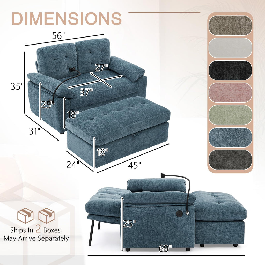 Oversized Chaise Lounge Chair Indoor, Single Convertible Recliner Reading Arm Sofa Chair W/Adjustable Backrest & Charging Port Couch Bed for Living Room, Home Theater & Bedroom, Brown