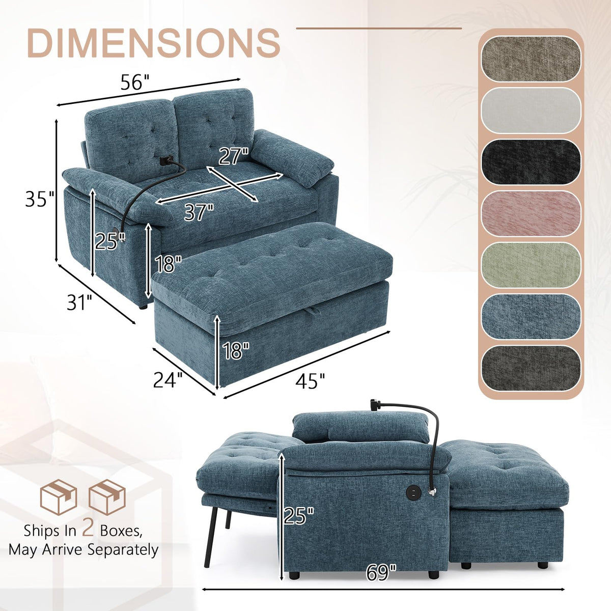 Oversized Chaise Lounge Chair Indoor, Single Convertible Recliner Reading Arm Sofa Chair W/Adjustable Backrest & Charging Port Couch Bed for Living Room, Home Theater & Bedroom, Brown