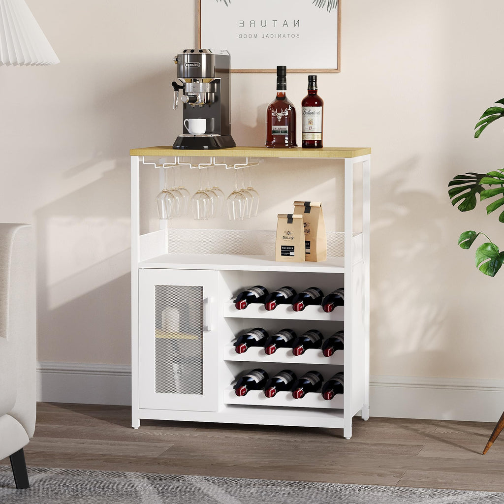 3-Tier Wine Bar Cabinet with Removable Wine Rack, Liquor Storage Cabinet with Glass Holder & Mesh Door, Coffee Bar Sideboard Buffet for Living Room or Dining Room, Gray