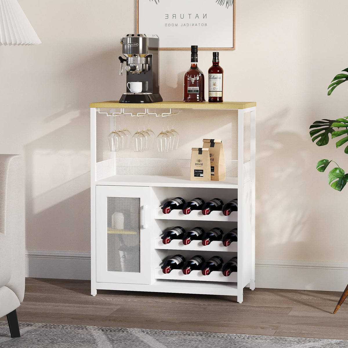 3-Tier Wine Bar Cabinet with Removable Wine Rack, Liquor Storage Cabinet with Glass Holder & Mesh Door, Coffee Bar Sideboard Buffet for Living Room or Dining Room, Gray