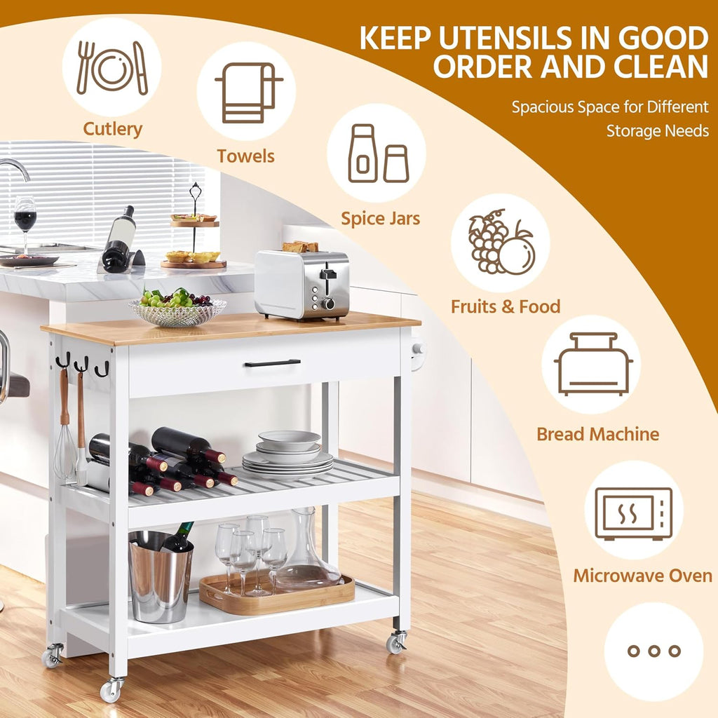 Yaheetech Rolling Kitchen Island Cart with 3 Shelves Lockable Wheels, White