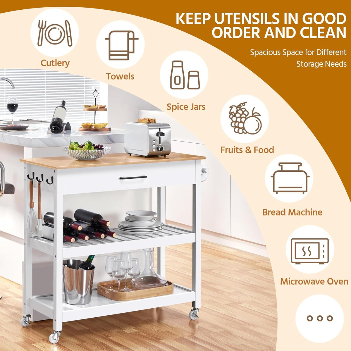 Yaheetech Rolling Kitchen Island Cart with 3 Shelves Lockable Wheels, White