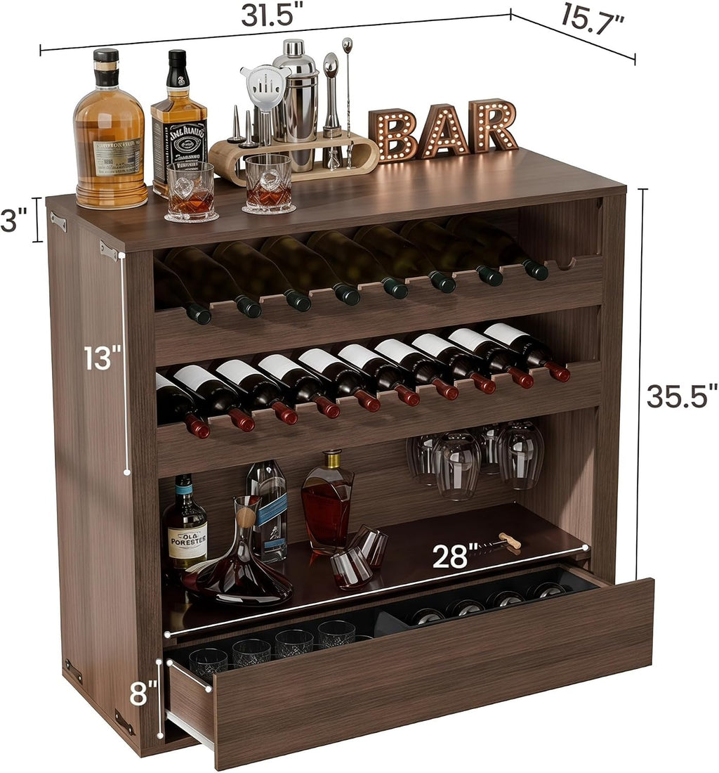 Liquor Cabinet with Wine Rack & Stemmed Holder & Drawer, Walnut