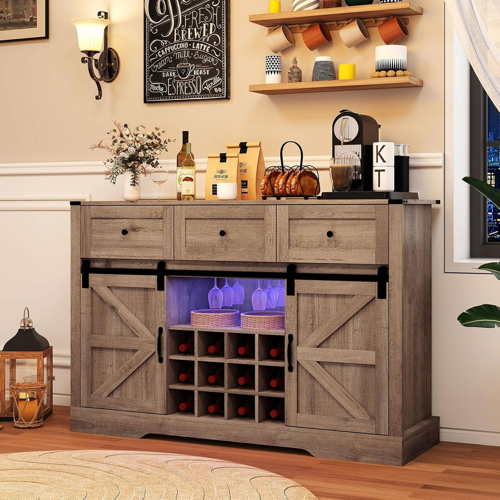 GIANTEX Wine Bar Cabinet with LED Lights, 52" Buffet Sideboard w/Sliding Barn Door, 3 Drawer, Adjustable Shelf, 12 Bottle Wine Rack & Glass Holder, Farmhouse Coffee Station for Living Room