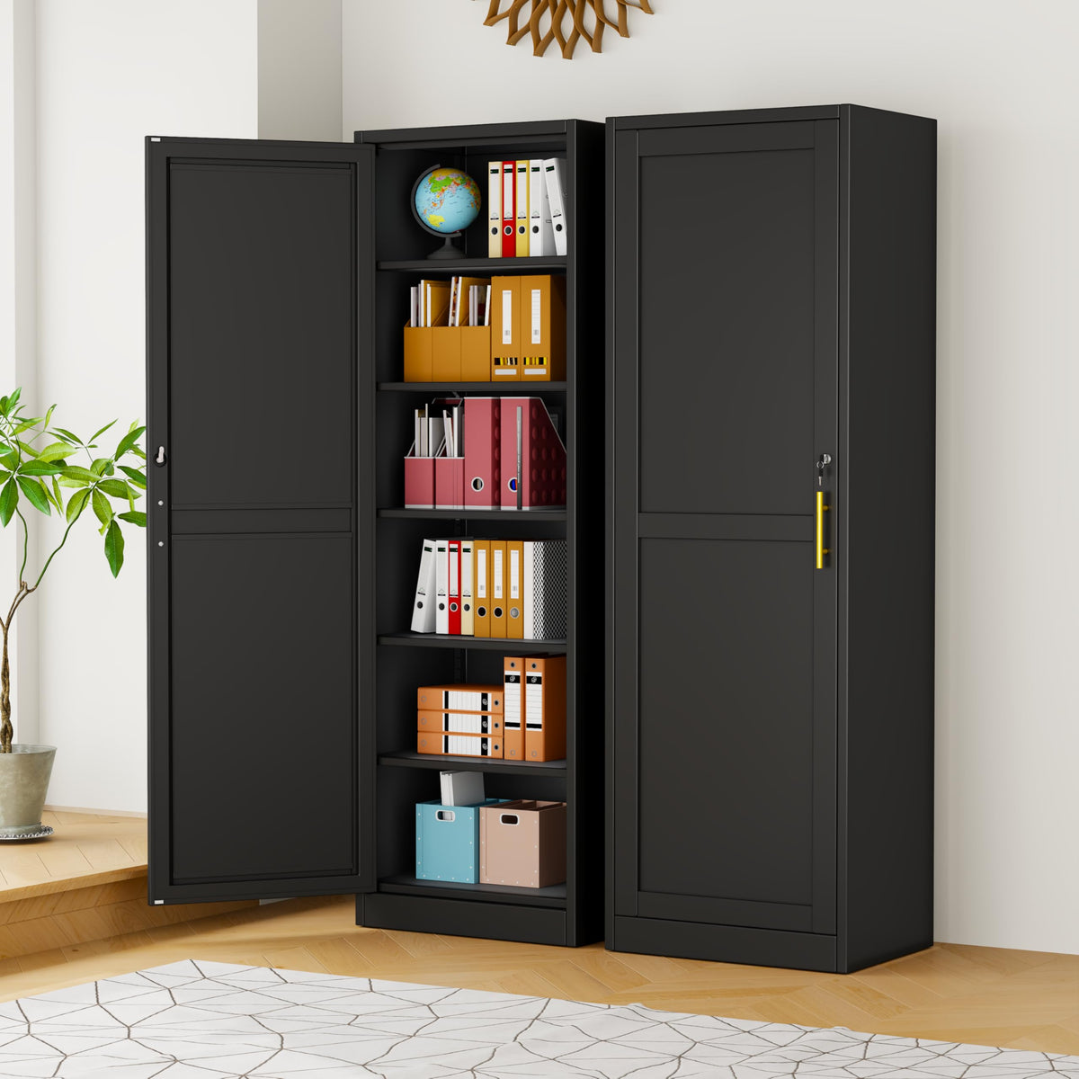 67" Tall Metal Pantry Cabinet, Narrow Freestanding Storage Cabinet, Black
