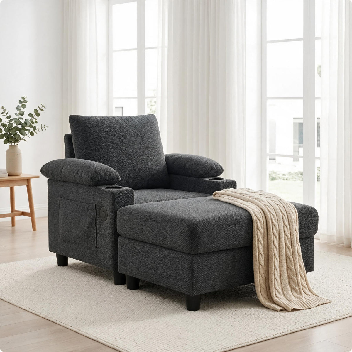 NicBex Sleeper Sofa Chair Bed with USB Port & Cup Holder &Side Table, Beige