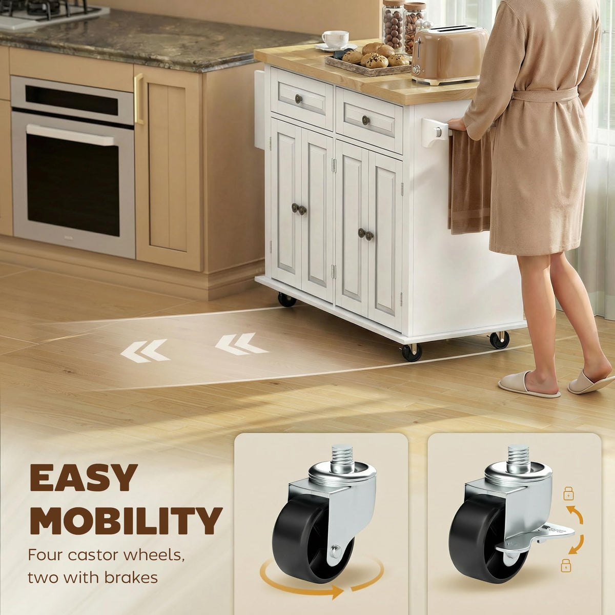 HOMCOM Kitchen Island Cart on Wheels with Solid Wood Top, 44" Cream White
