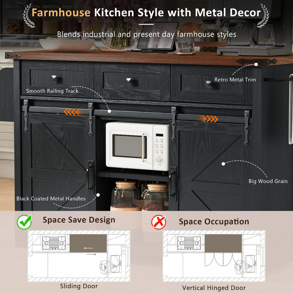 Ball & Cast Farmhouse Kitchen Island with Power Outlet,Dining Storage Island with Drop Leaf,Spice Rack and Drawer,Rolling Dining Cart on Wheels for Home,Kitchen,Dining Room,White,54"