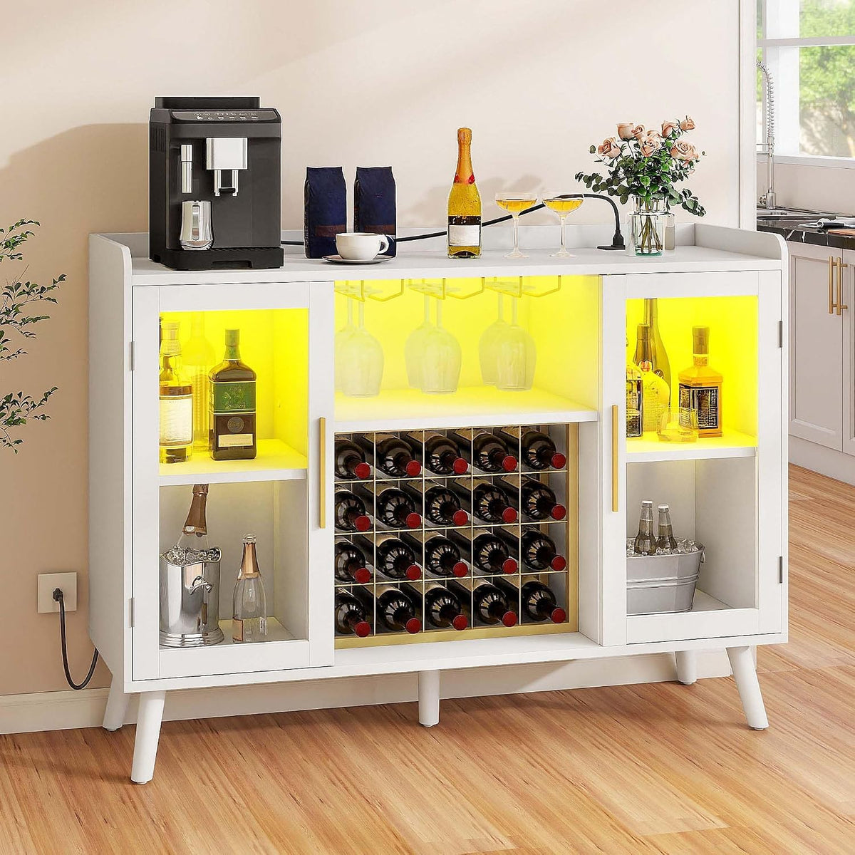 DWVO 53" Wine Bar Cabinet with LED Lights & Power Outlets, White