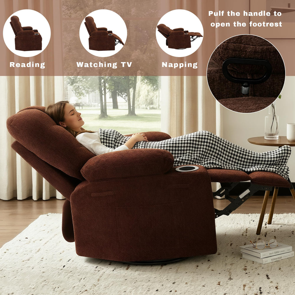 Swivel Rocker Recliner Chair,Recliner Single Sofa with Cup Holders, Manual Nursery Rocking Chair with Side Pockets, Modern Upholstered Recliner for Living Room,Apartment,Home Theater(Black)