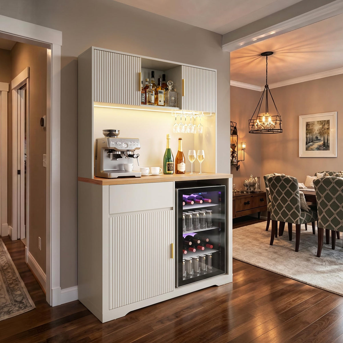 GDLF 72" Tall Coffee Bar Cabinet with Fridge Space, Fluted Liquor Home Bar