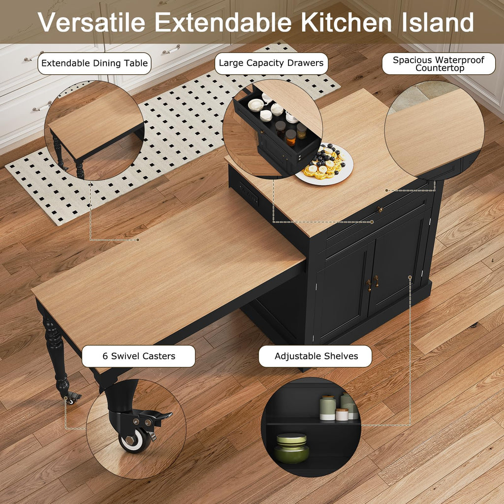 HLR 72" Kitchen Island with Extendable Table for 2-4, Island Table for Kitchen with Power Outlet and Storage Slide Out Legs, Rolling Islands Cart with 2 Doors (White)