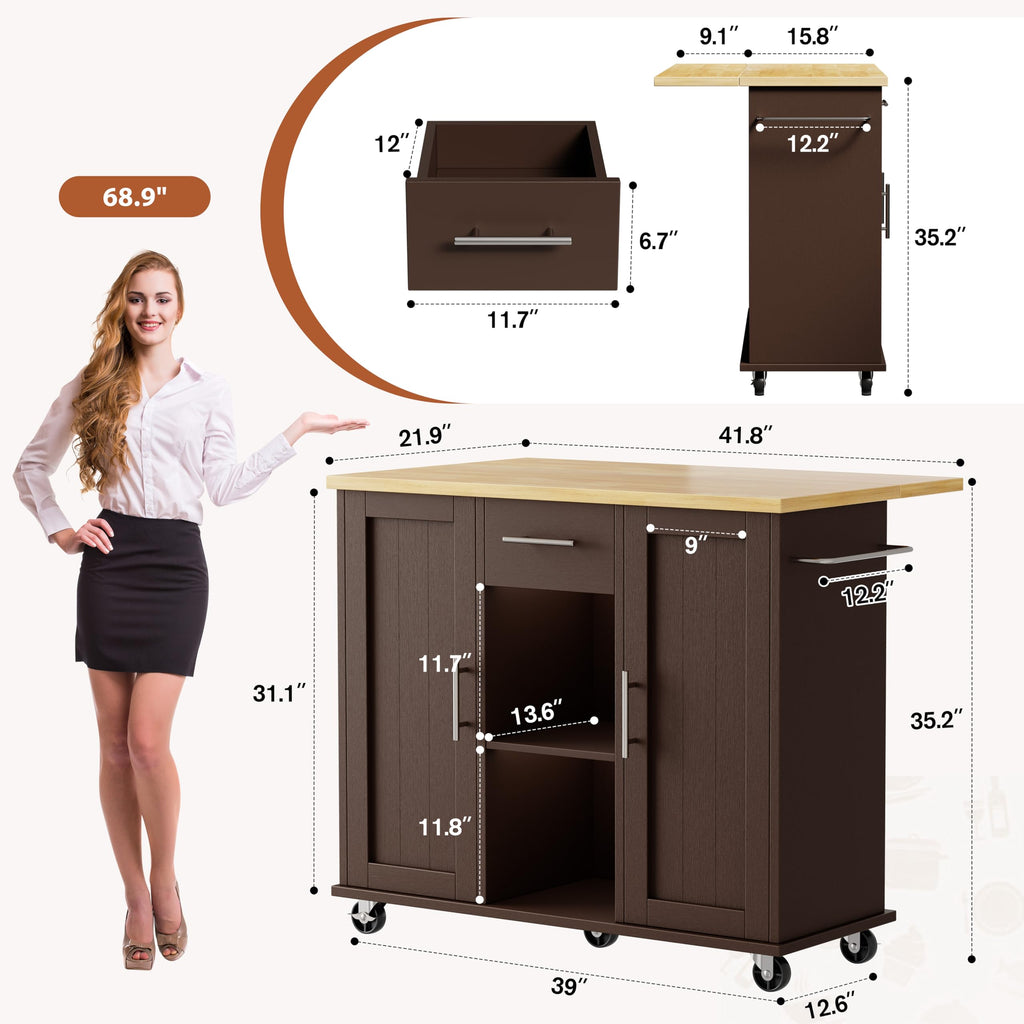 JY QAQA 42" Rolling Kitchen Island Cart with Storage, Drop Leaf Countertop, Drawers & Towel Rack, Mobile Kitchen Table on Wheels for Kitchen Dining Room, White