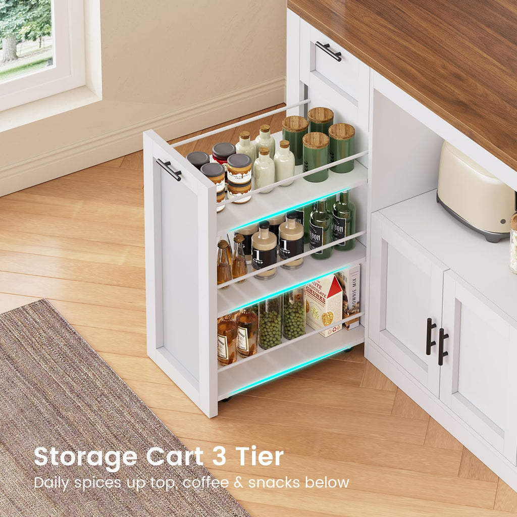 Itaar 71" Kitchen Pantry Cabinet with Charging Station and Led Light, Kitchen Storage Cabinets with Microwave Stand, 59" Wide Pantry Storage Cabinet with Storage Cart 3 Tier for Dining Room, White