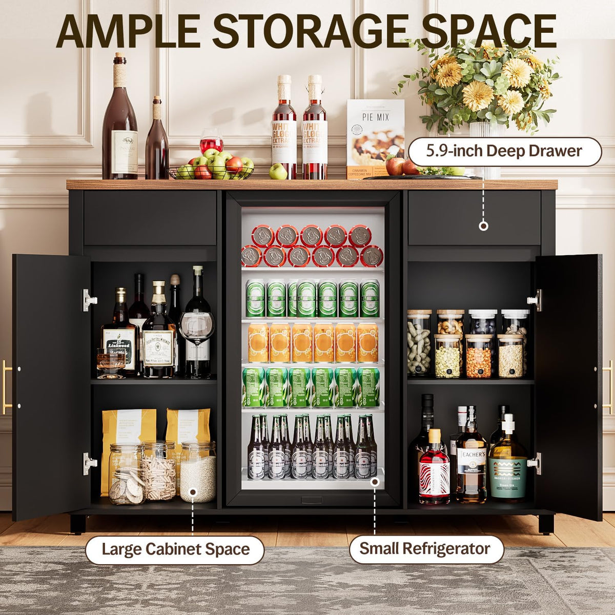 Tornivk 53" Large Coffee Bar Cabinet with Fridge Space, Black